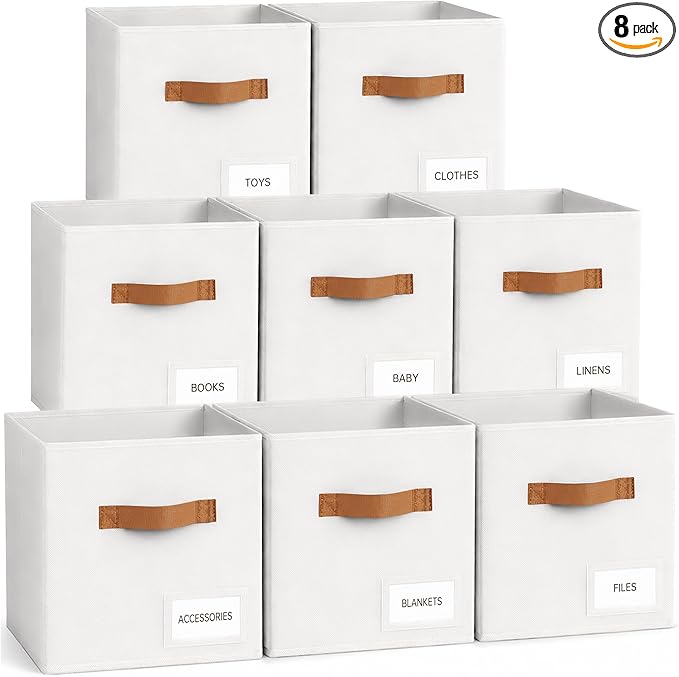 Storage Cubes 8 Pack, 11 Inch Fabric Storage Cubes Organizer Bins with Labels, Odor-Free & Sturdy PP Structure, Cubby Baskets for Closet, Shelves, Toys & Nursery (White)