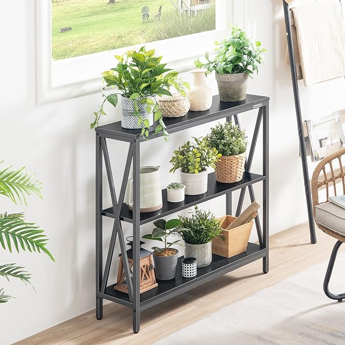MAHANCRIS 31.5" Sofa Table, Industrial Console Table, 3-Tier Narrow Sofa Table with Storage Shelves, Foyer Table for Entryway, Hallway, Kitchen, Living Room and Bedroom, Easy Assembly, Black CTHB8001