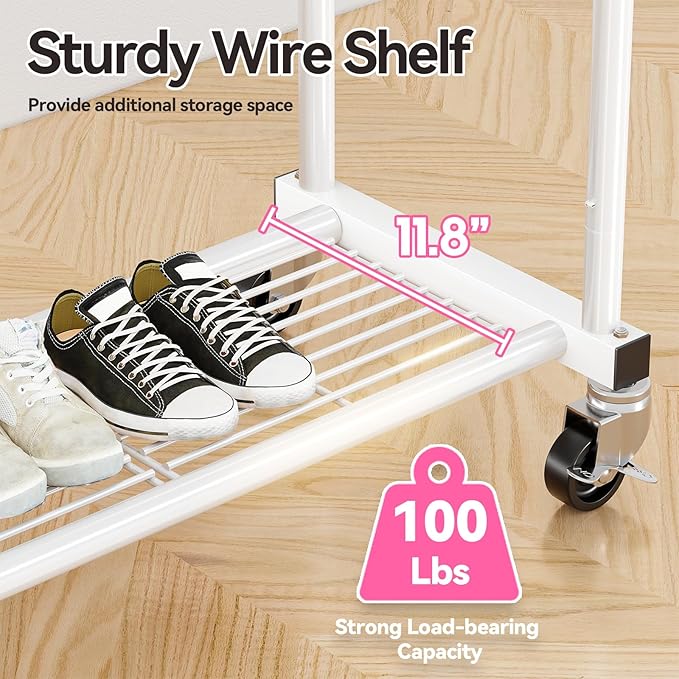 80" Tall Clothing Rack for Hanging Clothes 400 Lbs, Double Rod Rolling Clothes Rack with Lockable Wheels, Portable Garment Coat Rack for Bedroom Laundry Living Room, White