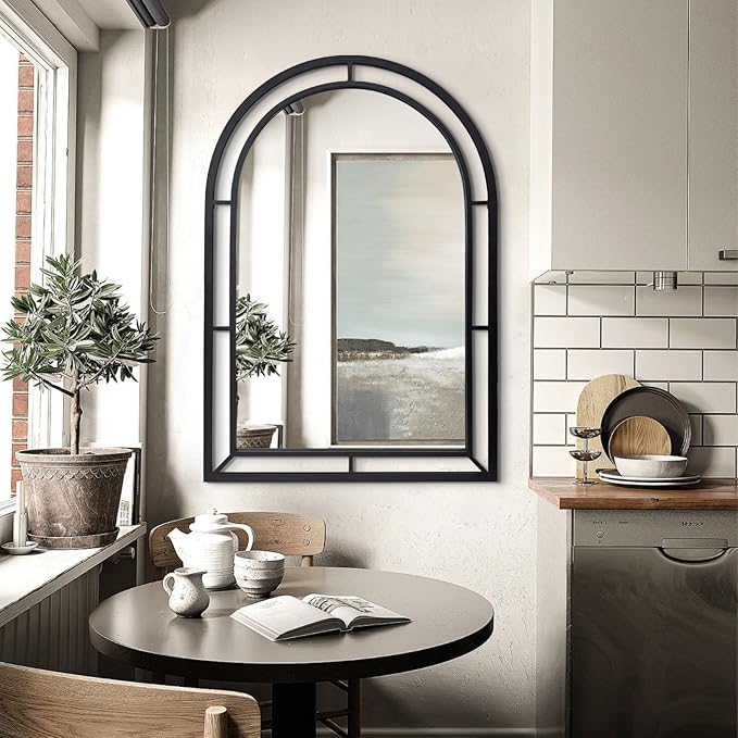 WAMIRRO Concise Window Arched Mirror,Decorative Black Window Pane Mirrors Decor for Fireplace/Entryway/Hallway/Living Room/Bathroom 28"X40"