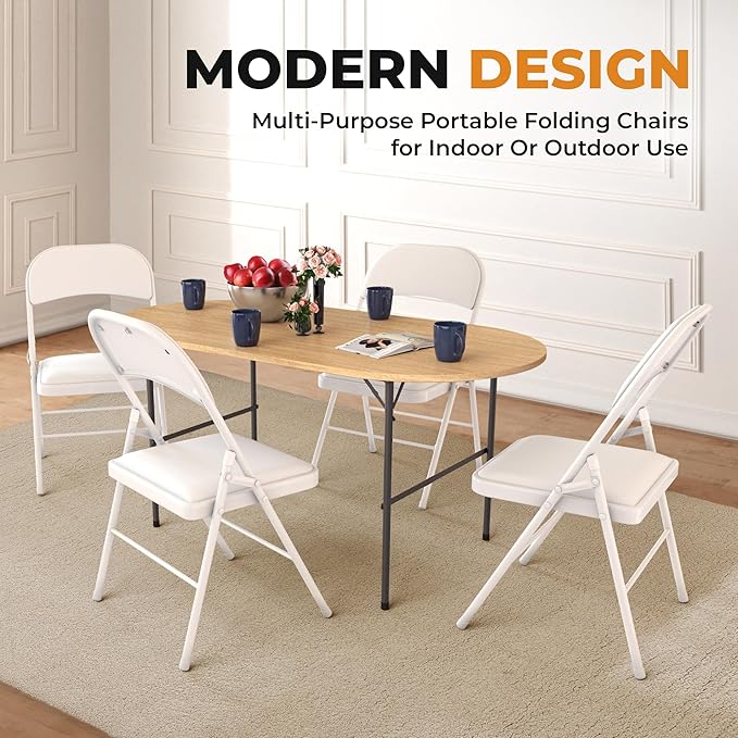 Our Modern Space 4 Pack Leather Chair | Foldable & Stackable | 350 lbs Capacity Steel Frame Seats for Indoor or Outdoor | Commercial Use Events Wedding Party Events Bulk Picnic Kitchen Dining - White
