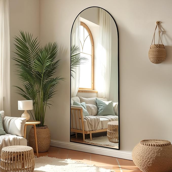 Arched Full Length Mirror 65"x24" - Floor Standing Body Mirror with Aluminum Frame,Leaning Hanging for Bedroom Cloakroom Living Room Black