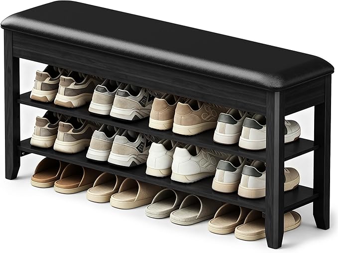 LBT Solid Wood Entryway Shoe Storage Bench, 31.5" Black, Adjustable Shelf, Flip-Top Hidden Compartment, Padded Leather Seat, 2-Tier Shoe Rack, Supports up to 550 lbs for Entryway, Mudroom, Closet