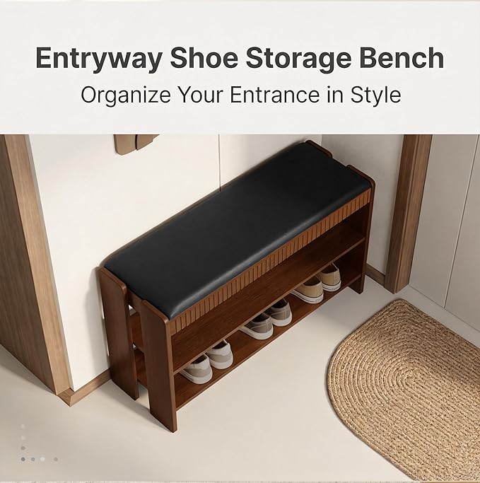Shoe Bench with Cushion, Solid Wood 2 Tier Adjustable Storage Shoe Bench Rack for Entryway, Bedroom, Closet, Living Room, Hallway