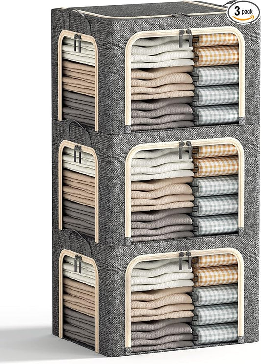 3 Openings Clothes Storage Bins with Metal Frame, Foldable Storage Bin for Clothes, Clothing Storage Bins with Lid, Linen Storage Box With Clear Window＆ Zippers＆ Durable Handles.(3 Pcs,Dark Grey,40L)