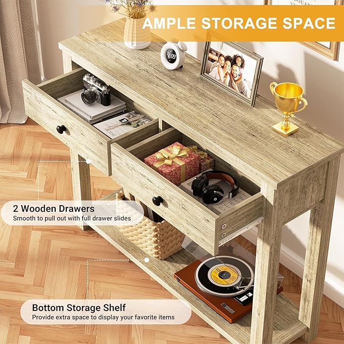 Homieasy Farmhouse Console Table with 2 Drawers, 32 Inch Small Sofa Table with Storage Shelf for Living Room, Behind Couch, Entryway Table for Hallway, Living Room, or Foyer, Light Rustic Oak