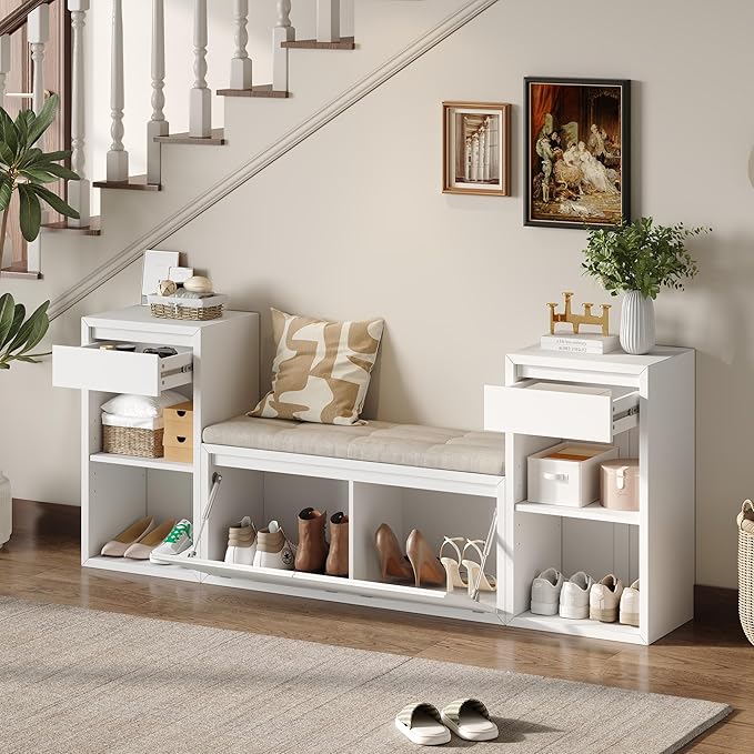 Merax All-in-One Shoe Storage Bench with Cushion & Flip Compartments, Entryway Bench with Drawers and Open Shelves, Solid Wood Storage Bench for Mudroom Hallway Living Room, White
