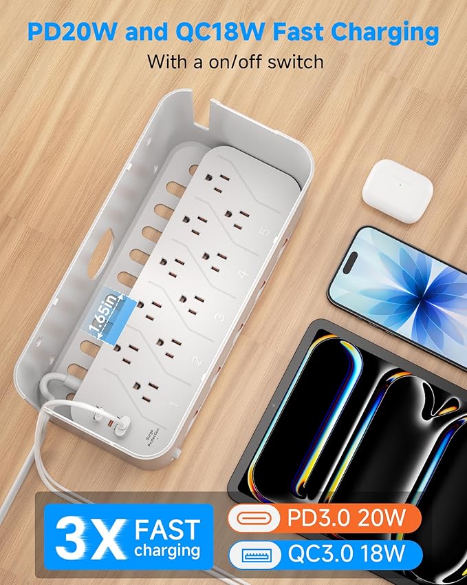 Surge Protector Power Strip with Cable Management Box,Cord Organizer Box with 10 Outlets and 3 USB Ports,Individual Switches,6 ft Flat Plug Extension Cord,Under-Desk and Desk Wire Storage Hider,White