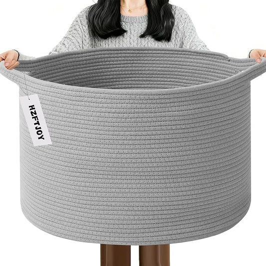 115L Extra Large Blanket Basket,Woven Rope Laundry Basket Hamper with Handles, Decorative Nursery Basket Storage Bin for Toys, Clothes Organizer, Living Room, Bedroom, Bathroom, Light Grey
