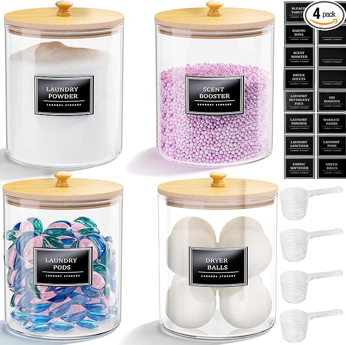 HomePekite 4 Pack Glass Laundry Pods Container, Clear Laundry Room Organization Containers with Lids & Labels, Powder Laundry Detergent Container for Scent Booster, Powder