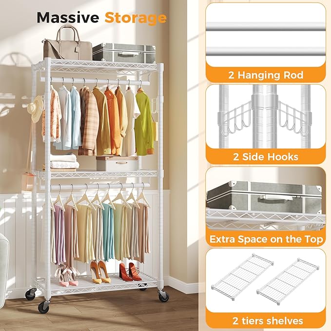 OLIXIS Clothes Rack Heavy Duty Adjustable Garment Clothing Rack with Wheels, Rolling Metal Freestanding Closet Organizer for Hanging Clothes with 2 Side Hooks, Double Rods, 29" x 15" x 75", White