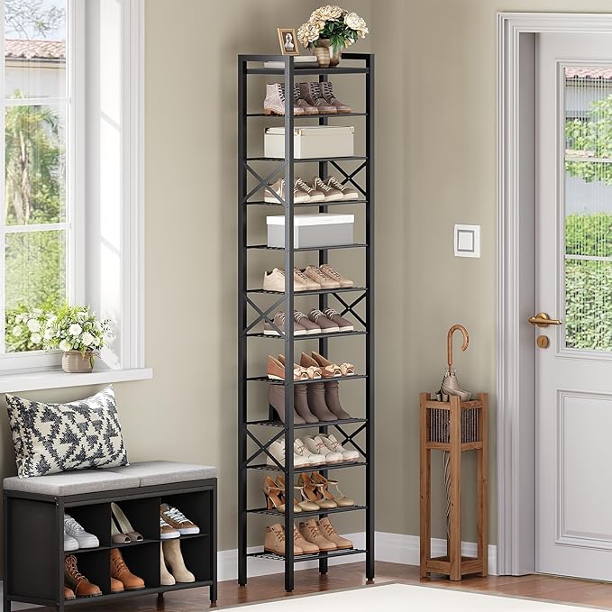 YATINEY 12-Tier Narrow Shoe Rack, Tall Shoe Rack for 12-24 Pairs, Slim Shoe Storage Organizer with Wooden Top, Space Saving, Metal Frame, for Entryway, Black SS61BB