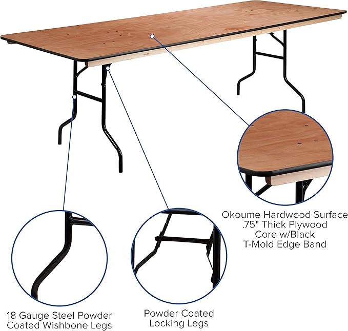 Flash Furniture Fielder 8' Rectangular All-Occasion Wood Folding Event Table, Foldable Portable Banquet Table with Wooden Top, Natural/Black