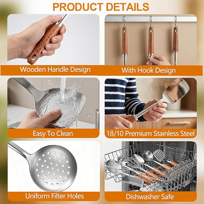 9PCS Stainless Steel Kitchen Utensils Set, Heavy Duty Wooden Handle Cooking Utensils, Metal Cookware Utensils with Spatula, Ladle, Skimmer, Spaghetti Spoon and Potato Masher, Easy to Clean