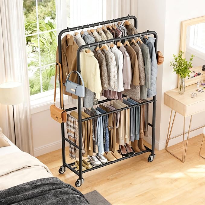 Clothes Rack - 4-Bar Double Rod Clothing Rack with 15 Pants Racks - Rolling Clothes Rack with Shelves - Portable Garment Rack for Bedroom Laundry Room Closet - Black