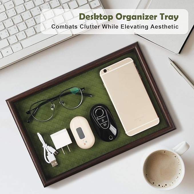 Wooden Valet Tray with Leather Base - Nightstand Catchall Organizer for Cologne, Perfume, Keys, Wallet, Phone, Watch, Jewelry & Sunglasses (Green)