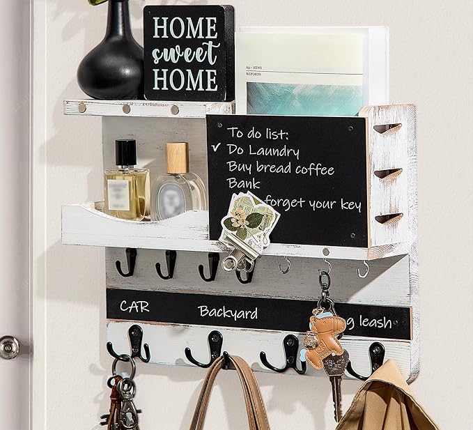 Key Holder for Wall Mount with Shelf and Mail Organizer, Key and Mail Holder with 16 Hooks, Farmhouse Entryway Organizer, Home Decor Rack (Pine Wood, White Washed)