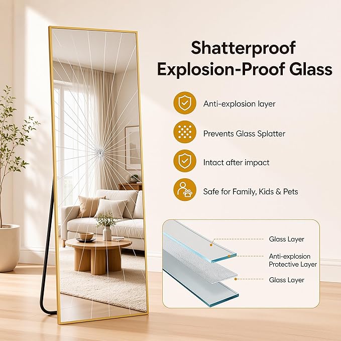 Antok Full Length Mirror, 81"x41" Floor Mirror with Stand, Hanging Mounted Mirrors for Bedroom, Living Room, Cloakroom, Dining Room, Gold, Rect