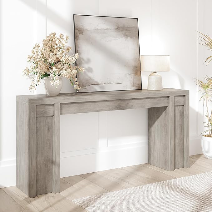 Garvee 70.9 in Gray Entryway Table, Wooden Farmhouse Console Table Below Mounted TV, Thick Sofa Table Behind Couch Table, Long Console Tables for Entryway Living Room