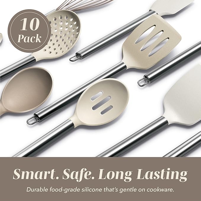 COOK WITH COLOR Silicone Cooking Utensils, Kitchen Utensil Set, Easy to Clean Silicone Kitchen Utensils, Cooking Utensils for Nonstick Cookware, Kitchen Gadgets Set, 10 Pieces, Brown