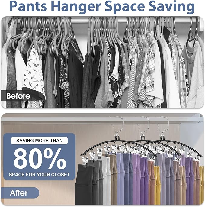 3 Pack Skirt Pants Hangers with Clips, Legging Organizer for Closet Hanging with 10 Cilps Holds 30 Leggings/Shorts/Jeans/Skirts Pants Hangers Space Saving Closet Organizers and Storage, Grey