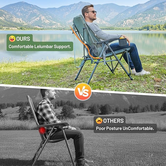 Timber Ridge Oversized Camping Chair with Lumbar Support, Portable Folding Chair Heavy Duty for Adults Supports 450 LBS for Outdoor Camping Lawn, with High Back, Cup Holder, Side Pocket, Grey