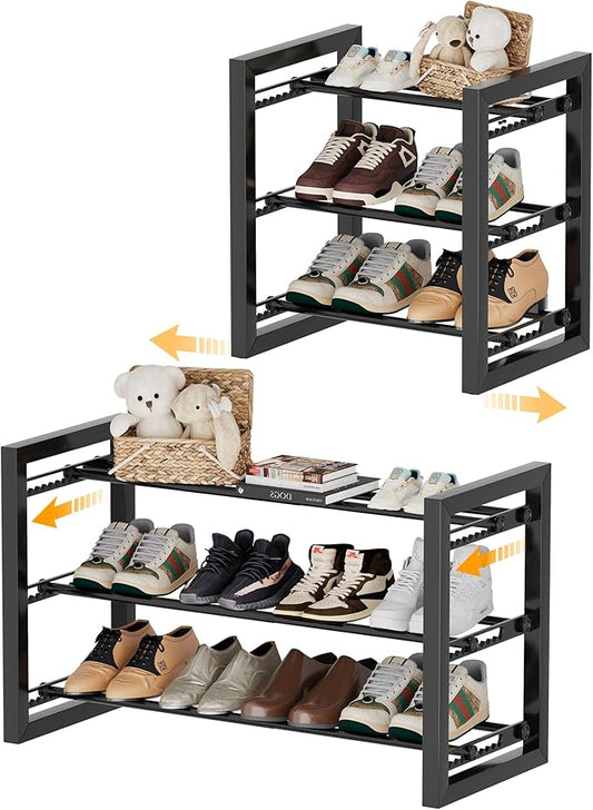 Homeiju Expandable Shoe Rack, 3 Tier Metal Shoe Shelf, Adjustable Shoe Stand for Sneakers, Boots, Heels, Heavy-Duty Steel Standing Shoe Organizer for Entryway, Closet, Bedroom, Black