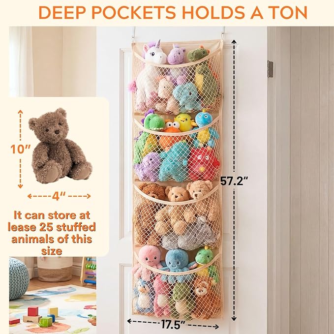 Over The Door Stuffed Animal Storage, Cotton Toy Organizer for Storage Plush Toys,Baby Supplies, Stuffed Animal Holder with 4 Large Pockets, Hanging Door Organizer for Nursery, Bedroom, Kids Room