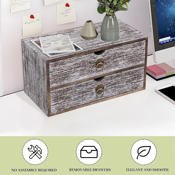 Wood Desk Organizer, Washed Brown Wooden Desktop Organizer with Drawer, Tabletop Storage Organization Box for Countertop, Home Office Supplies, Bills, 13.3 x 6.5 x 7 Inches(2 Drawer)