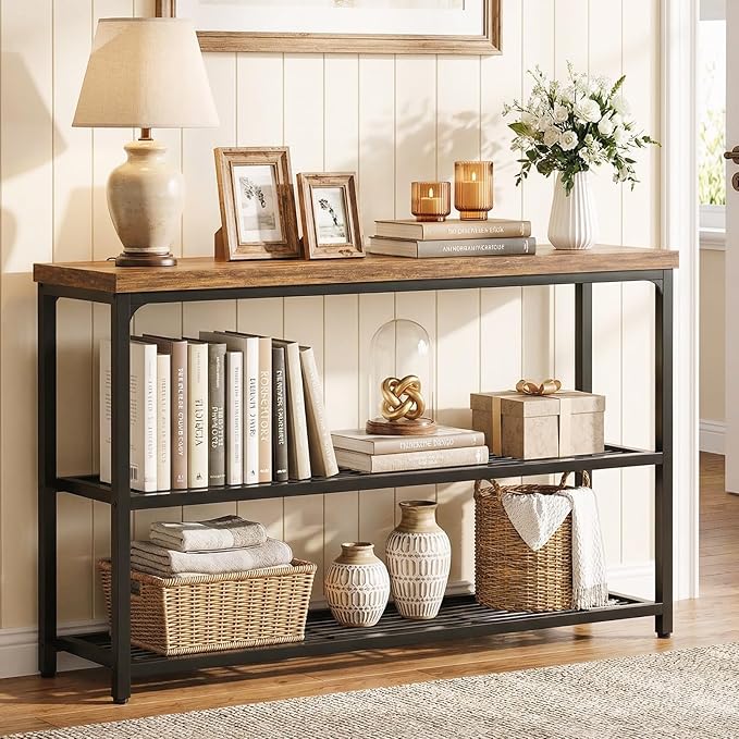 Besiost 47" Console Table with 3-Tier Storage, Industrial Narrow Entryway Table, Sofa Table Behind Couch for Hallway, Foyer & Living Room, Sturdy Metal Frame, Rustic Brown