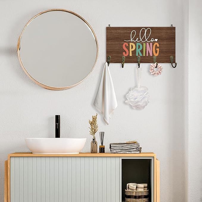 Rustic Spring Key Holder for Wall 10"x5.12", SeasonalSpring Key Hanger Wall Mount, Colorful Hello Spring Farmhouse Dark Brown Wooden Hanging Keys Holder Decor for Entryway Front Door（5 Hooks）