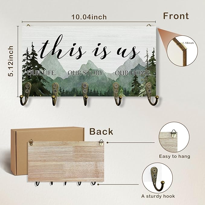 This is us Decor Key Holder for Wall 10"x5.12", Inspiration Sign Key Hanger Wall Mount, Family Quotes Rustic Forest Mountain Wooden Hanging Keys Holder Decor for Entryway Front Door（5 Hooks）