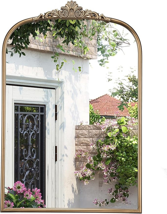30" x 40" Antique Gold Arched Mirror for Wall, Vintage Brass Bathroom Tempered Mirror with Metal Frame, Bronze Ornate Gold Vanity Mirror for Entryway, Mantel, Powder Room