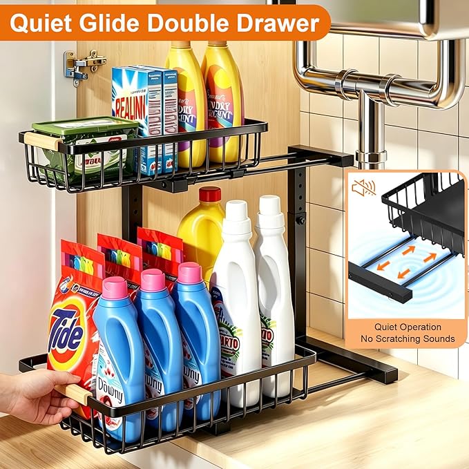 REALINN Under Sink Organizer, 2 Pack Height Adjustable Under Sink Organizers and Storage, 2 Tier Pull Out Drawer Cabinet Storage for Kitchen Bathroom