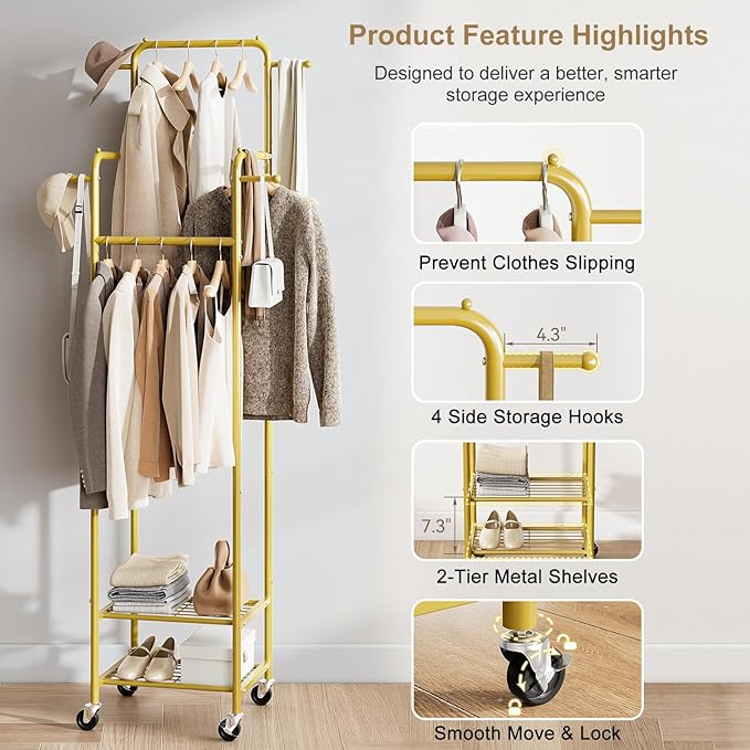 Clothing Rack with Wheels, 71" Portable Rolling Clothes Rack with 2 Shelves and 4 Hanging Rods, Small Garment Rack with 4 Hooks, Sturdy Metal Coat Rack for Bedroom, Laundry Room, Gold