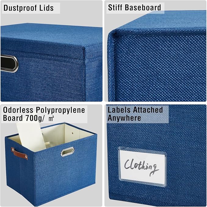 15" Large Collapsible Storage Bins with Lids, Stackable Closet Organizers with PU Handle and Labels, 3-Pack Decorative Fabric Storage Boxes for Home, Bedroom, Closet, Office, Nursery(Navy)