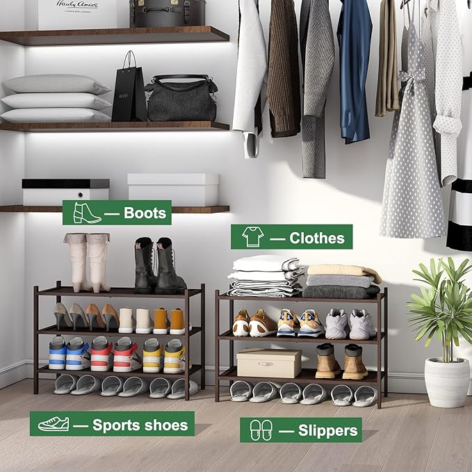 kiplant Bamboo Shoe Rack for Entryway, 3-Tier Stackable | Foldable | Natural, Shoe Organizer for Hallway Closet, Free Standing Shoe Racks for Indoor Outdoor