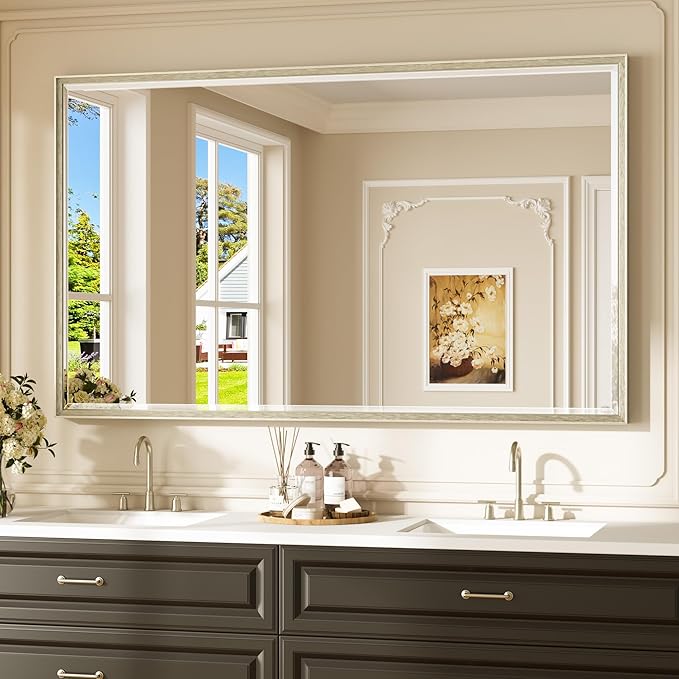 Keonjinn 60" x 36" Large Brushed Nickel Bathroom Mirror, HD Tempered Glass Beveled Edge, Aluminum Alloy Frame, Shatterproof, Silver Rectangle Vanity Wall Mirror for Over Sink, Living Room, Dining Room