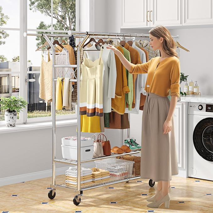 Simple Trending Heavy Duty Clothing Clothes Rack for Hanging, Rolling Double Rod Garment Rack Organizer with Wheels Load 620 LBS, Chrome
