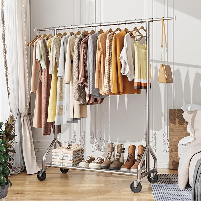 Simple Trending Heavy Duty Clothes Rack Load 450 LBS, Clothing Rack for Hanging Clothes, Garment Rack with Wheels & Shelves, for the Bedroom, Laundry Room