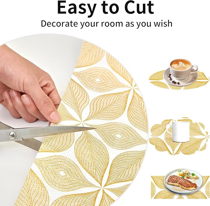 Shelf Liners for Kitchen Cabinets 23.62in x 20FT, Non Adhesive Cabinet Liner Strong Non-Slip Golden Leaf Drawer Liner, Easy to Clean for Shelf, Cabinet with Knife and Tape Measure