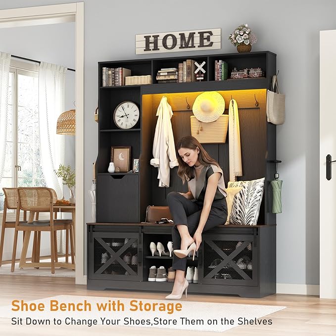 75''H 59''W Large LED Farmhouse Hall Tree with Bench and Shoe Storage,Entryway Bench with Coat Rack,16 Shoe Cubbies & Umbrella Holder and Sock Storage Drawer,Mudroom/Hallway Storages Cabinet(black)