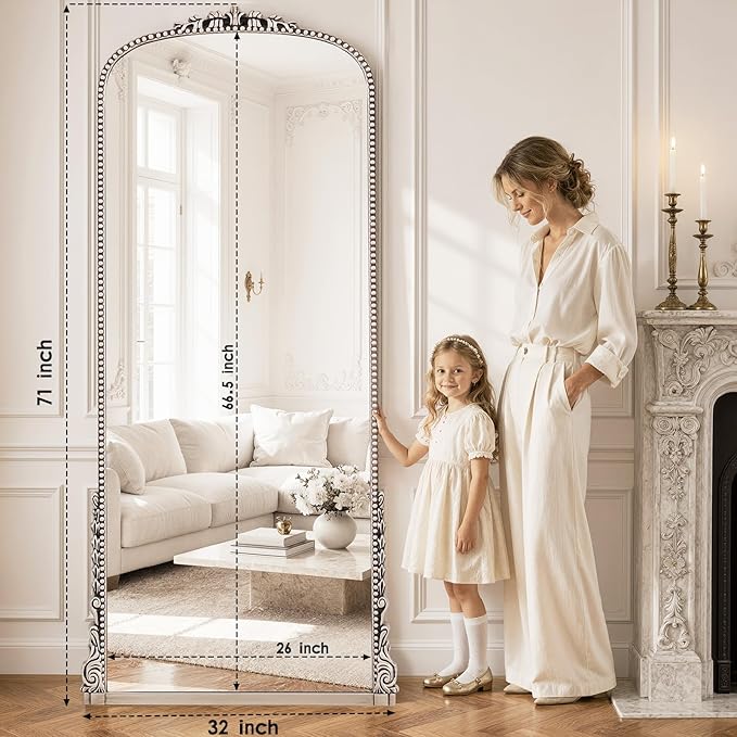 Antique Full Length Mirror 71" x 32", Antique Silver Arched Large Vintage Mirror in Baroque Style with Tempered Glass, Freestanding for Bedroom, Living Room, Cloakroom