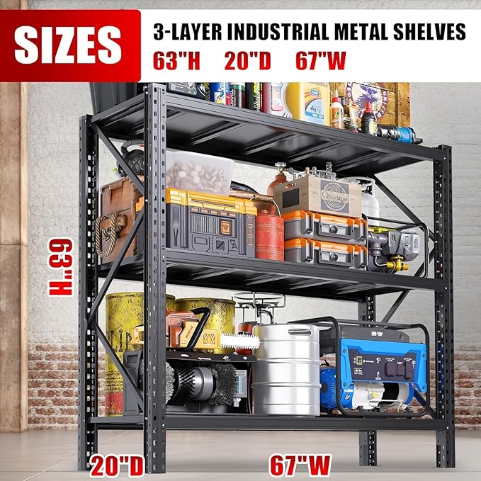 PRESTELION 67" W Garage Shelving Heavy Duty Storage Shelves 5100LBS, Adjustable 3 Tier Metal Shelving, Garage Storage Shelving and Pantry Industrial Shelf Utility Rack, 67" W×20" D×63" H, Black