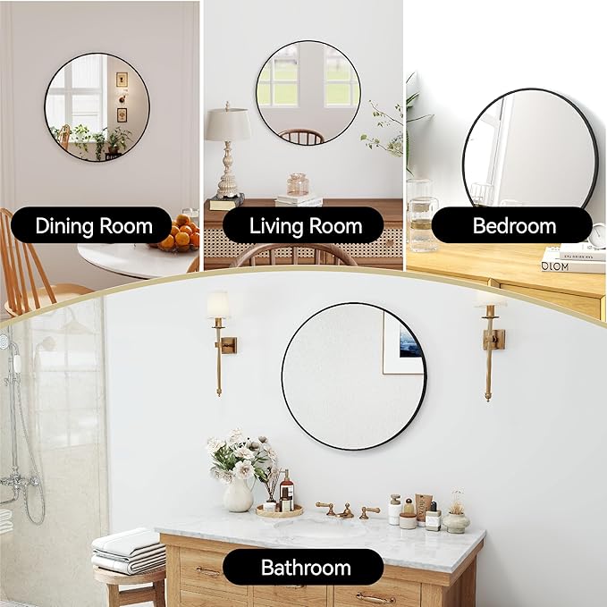 SCWF-GZ 24" Round Mirror Circle Wall Mounted Hanging or Against Wall Aluminum Alloy Metal Frame Dressing Make-up Mirrors for Entryway Bedroom Bathroom Living Room 24 inch Black