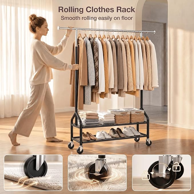 Heavy Duty Clothes Rack, Rolling Clothing Rack Load 650 LBS for Hanging Clothes with 2 Sturdy Shelves, Metal Garment Rack with Wheels for Bedroom, Retail Store, Silver-Black, Large