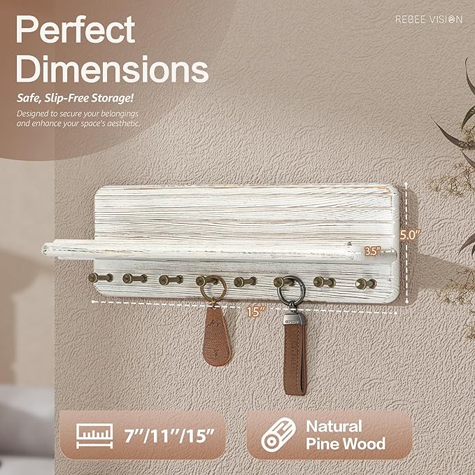 Rebee Vision Pine Wood Key Holder Wall Mount with Shelf – Farmhouse Key Holder for Wall for Home & Kitchen, Coat Rack with 8 Hooks – Rustic Mail Organizer for Entryway, Office (Distressed White)