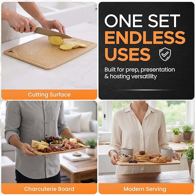 Earth's Dreams Composite Wood Cutting Board Set of 3 – Dishwasher Safe, Non-Toxic Cutting Boards for Kitchen – Large, Medium & Small Non-Slip Wood Charcuterie & Chopping Boards (Tan/Juice)