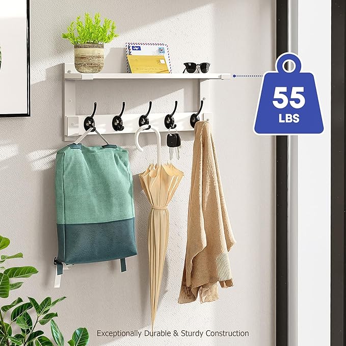 Oraich Wall Hooks with Shelf, Coat Rack Wall Mount for Coat Backpack Key Clothes Hanger, Wall Floating Shelf Hanging in Entryway, Living Room, Bathroom, Bedroom, Kitchen(White)