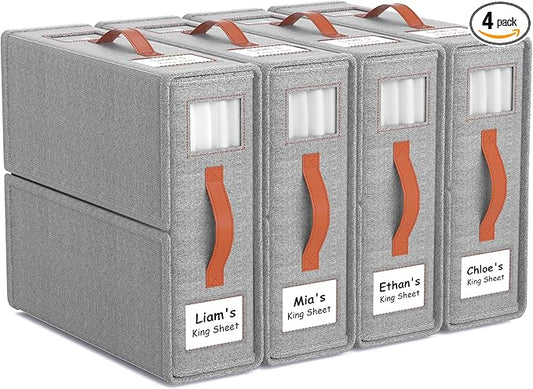 4 Pack Bed Sheet Organizers and Storage(King &Queen Size) with an Elastic Strap, Foldable Closet Linen Sheet Storage Container, Sheet Set Box for Blankets, Duvet Covers and Pillowcase, Grey